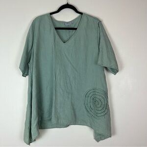 CHEYENNE Green Linen Asymmetrical Artsy Top L/XL